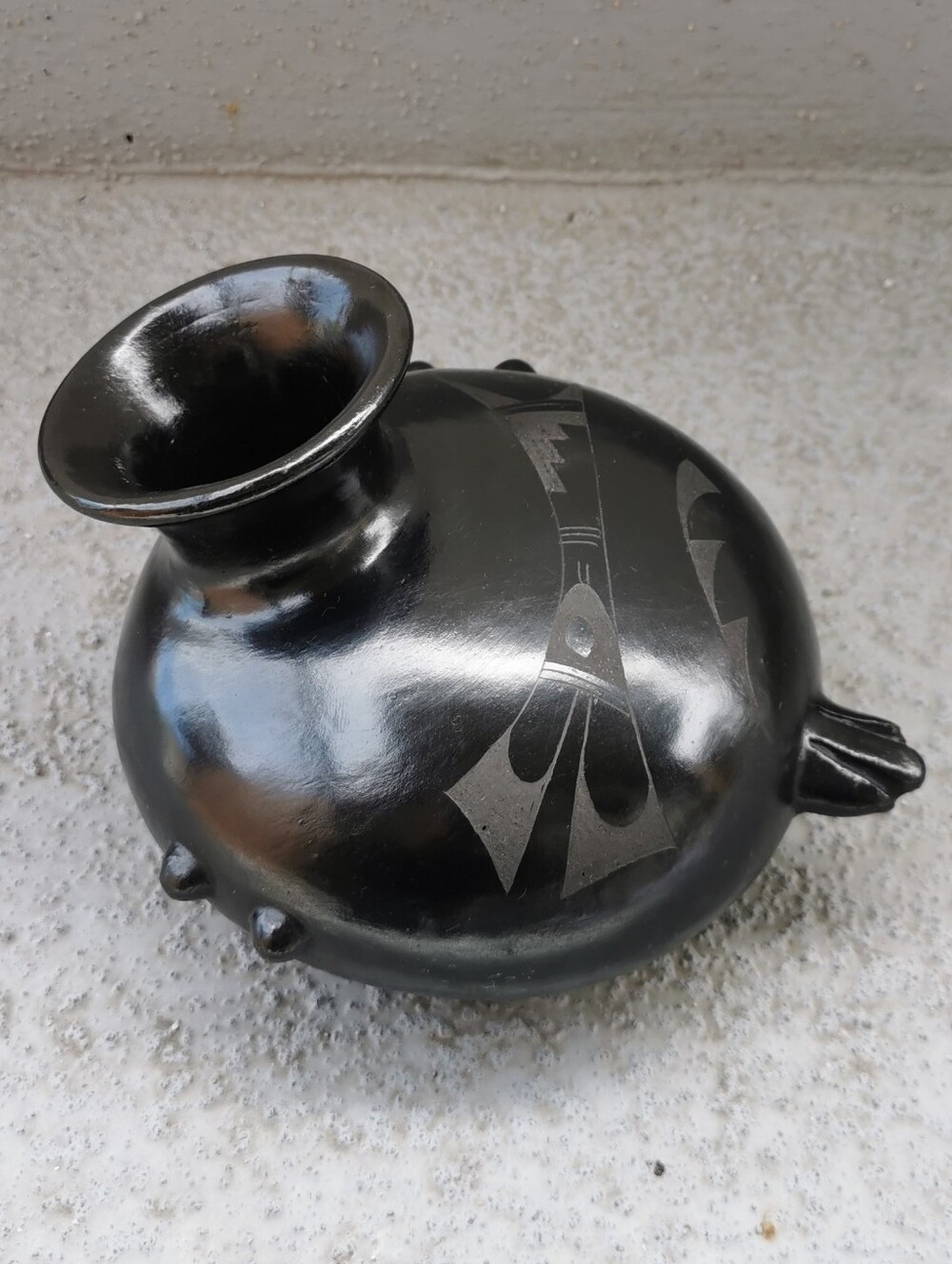 Vintage Handmade Signed Mexican Black Pottery Bird Vase
